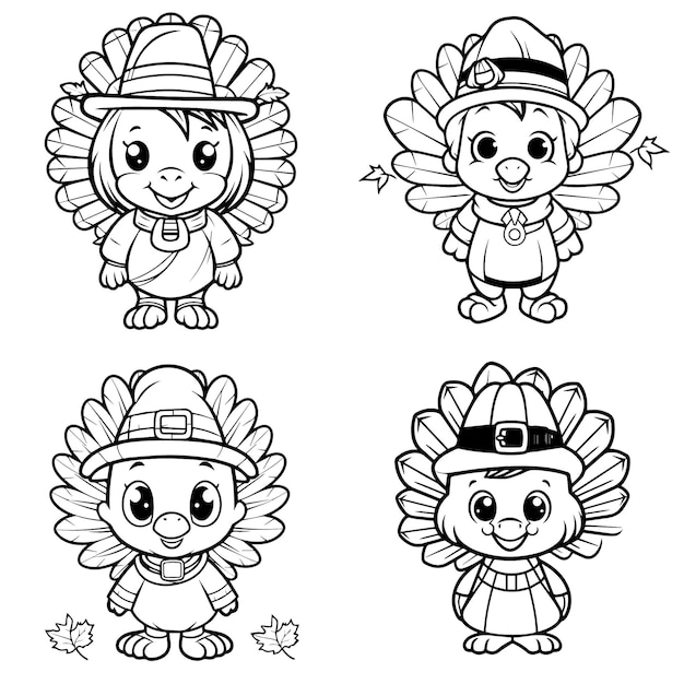 turkey thankgiving kawaii character coloring page