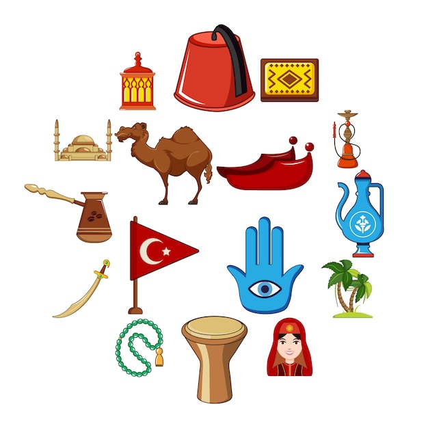 Vector turkey travel icon set, cartoon style