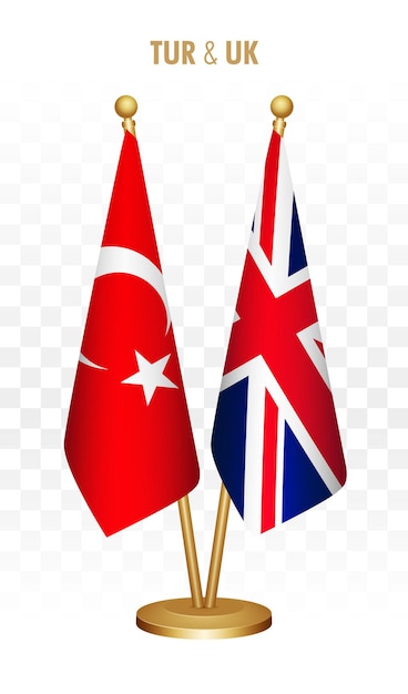 Turkey and uk united kingdom standing flags isolated on white turkiye desk flag