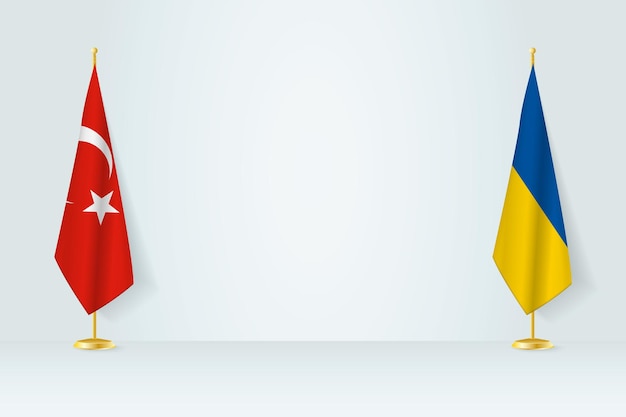 Turkey and Ukraine flag on indoor flagpole meeting concept between Ukraine and Turkey