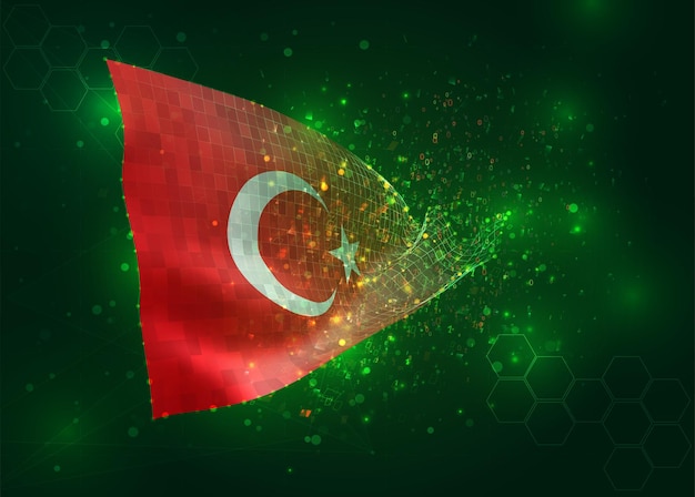 Turkey on vector 3d flag on green background with polygons and data numbers