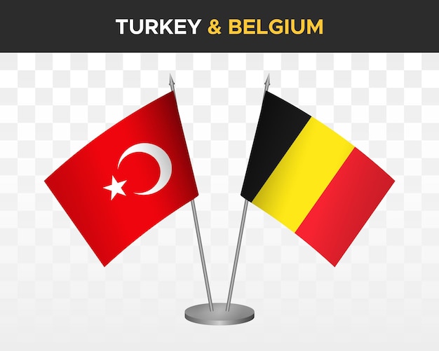 Макет настольных флагов Турции и Бельгии изолирован на белом трехмерном векторном иллюстративном табличном флаге