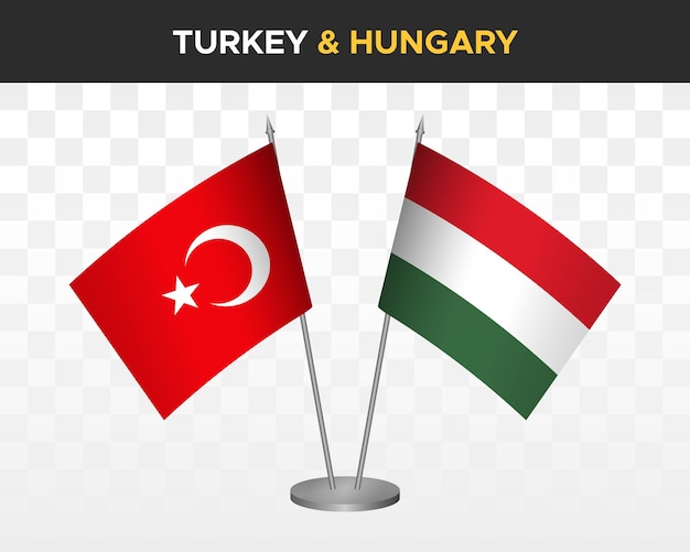 Turkey vs Hungary desk flags mockup isolated on white 3d vector illustration table flags