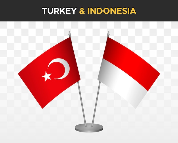 Mockup di bandiere da scrivania turchia vs indonesia isolato su bandiere da tavolo bianche con illustrazione vettoriale 3d