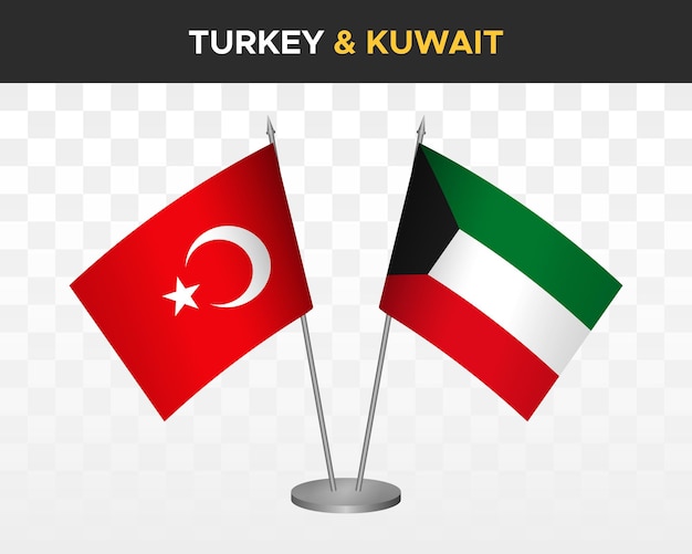 Turkey vs Kuwait desk flags mockup isolated on white 3d vector illustration table flags