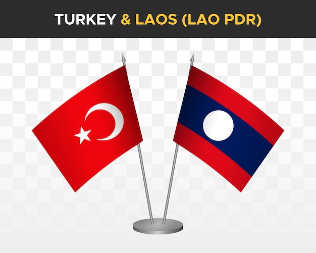 Turkey vs Laos Lao PDR desk flags mockup isolated on white 3d vector illustration table flags