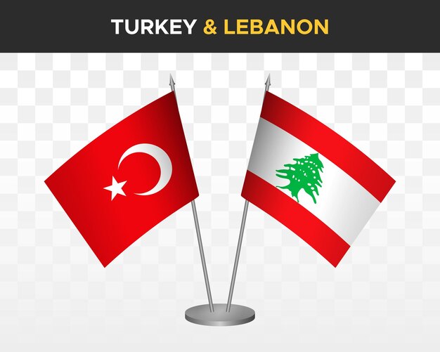 Макет настольных флагов Турции против Ливана изолирован на белом трехмерном векторном иллюстративном табличном флаге