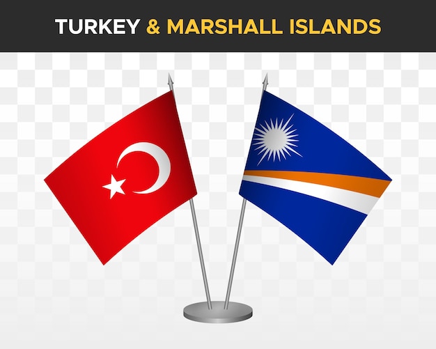 トルコvsマーシャル諸島デスクフラグモックアップ白い3dベクトルイラストテーブルフラグに分離