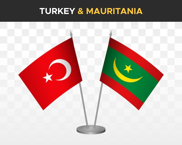 Turkey vs Mauritania desk flags mockup isolated on white 3d vector illustration table flags