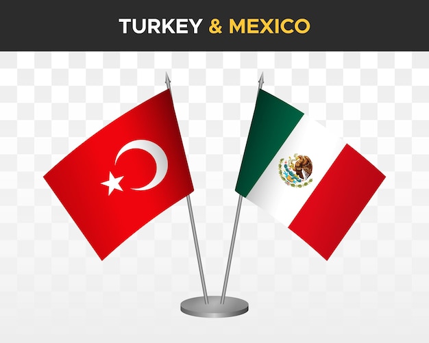 トルコ対メキシコのデスクフラグのモックアップは、白い3dベクトルイラストテーブルフラグで分離
