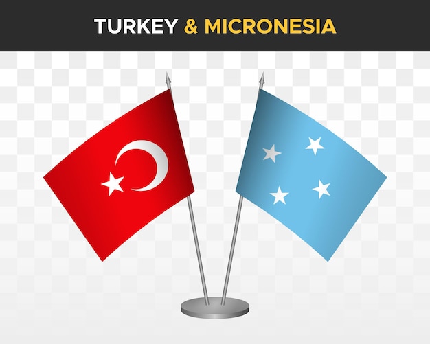 Turkey vs Micronesia desk flags mockup isolated on white 3d vector illustration table flags