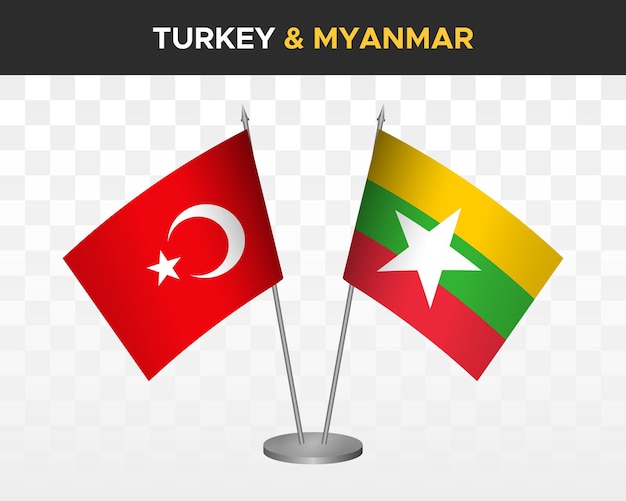 Mockup di bandiere da scrivania turchia vs myanmar birmania isolato su bianco bandiere da tavolo con illustrazione vettoriale 3d