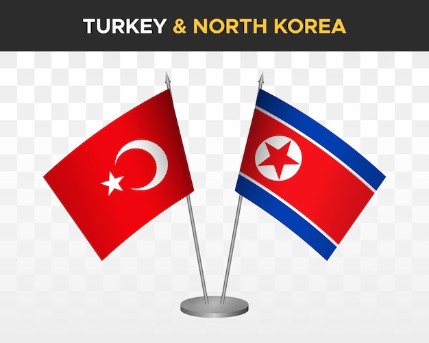 Turkey vs North Korea DPR desk flags mockup isolated on white 3d vector illustration table flags