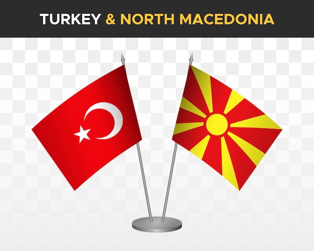 Макет настольных флагов Турции против Северной Македонии изолирован на белом трехмерном векторном иллюстративном табличном флаге