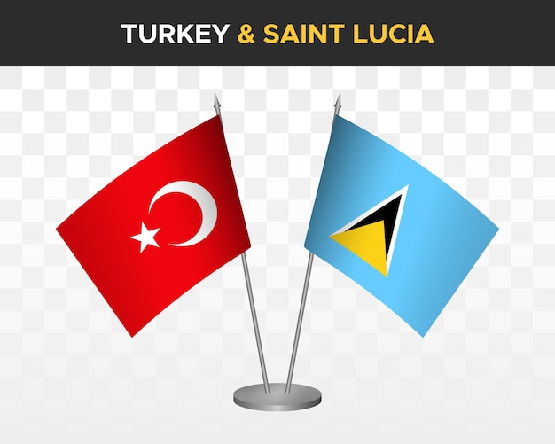 Vettore mockup di bandiere da scrivania turchia vs santa lucia isolato su bandiere da tavolo bianche con illustrazione vettoriale 3d