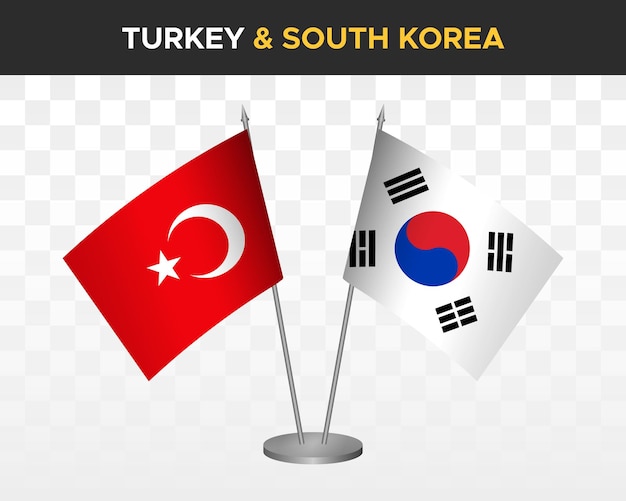 トルコvs韓国デスクフラグモックアップ白い3dベクトルイラストテーブルフラグに分離