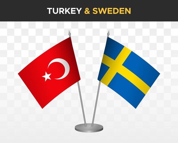 Turkey vs Sweden desk flags mockup isolated on white 3d vector illustration table flags