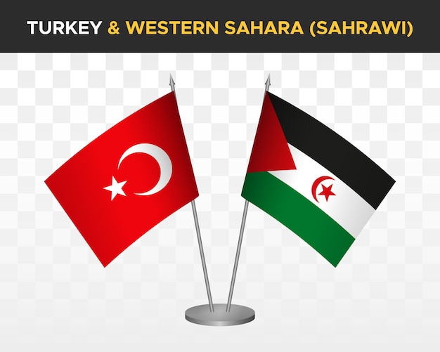 터키 대 서사하라 Saharawi 데스크 플래그 이랑 격리 된 흰색 3d 벡터 일러스트 테이블 플래그