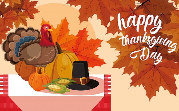 Vector turkey with pumpkins and hat pilgrim in table