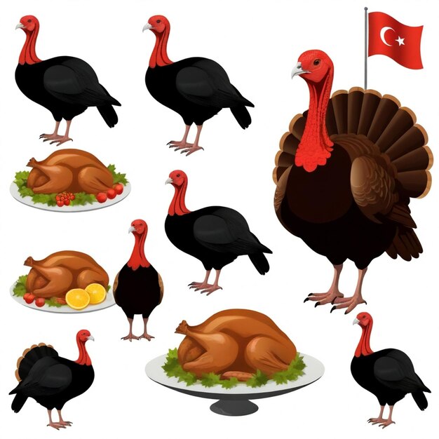 Vector a turkey with a red neck tie is shown with a turkey on the right