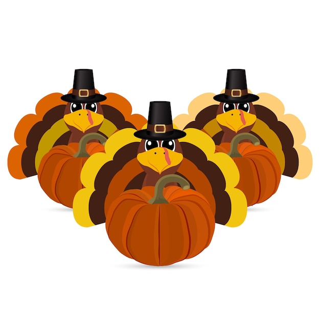 Turkeys cartoon with pumpkins vector illustration cartoon