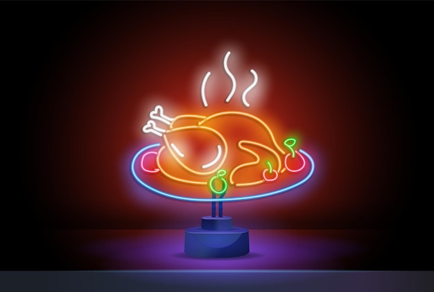 Turkije neon teken op stand Turkije kortingen Thanksgiving dag nacht heldere advertentie vector illust...