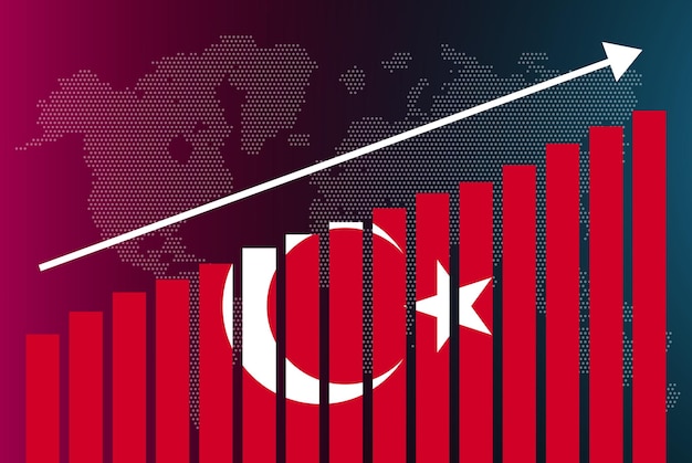 Turkije staafdiagram grafiek, stijgende waarden, landstatistieken concept, Turkije vlag op staafdiagram