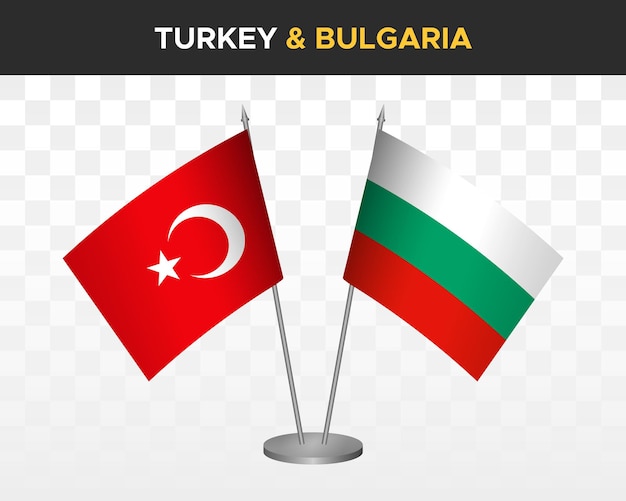 Turkije vs Bulgarije Bureau vlaggen mockup geïsoleerd op witte 3d vector illustratie tafel vlaggen