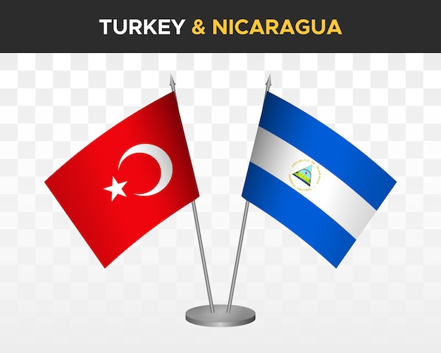 Turkije vs Nicaragua Bureau vlaggen mockup geïsoleerd op witte 3d vector illustratie tafel vlaggen