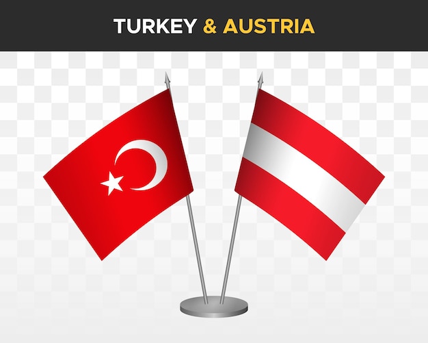 Turkije vs Oostenrijk bureau vlaggen mockup geïsoleerd op witte 3d vector illustratie tafel vlaggen