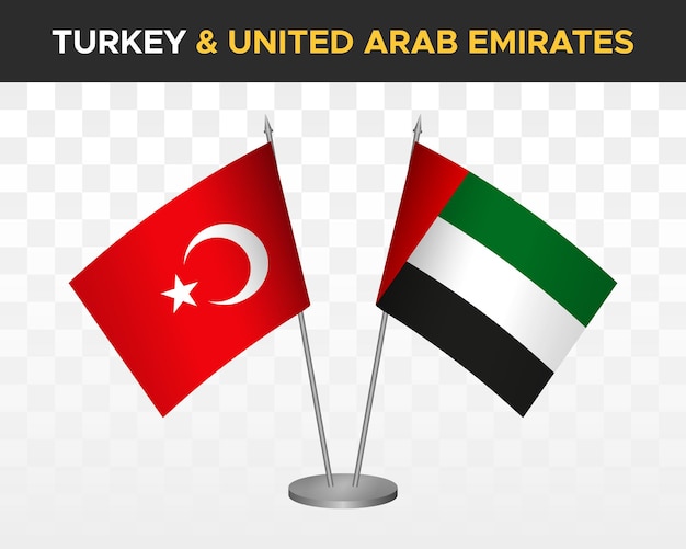 Turkije vs vae verenigde arabische emiraten bureau vlaggen mockup geïsoleerde 3d vector illustratie tabel vlaggen