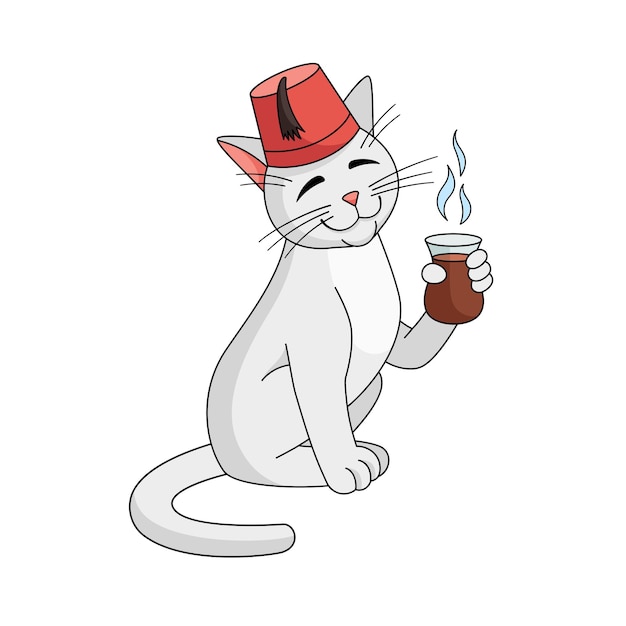 Vector turkish angora cat character with turkish cup of tea vector illustration cat in a fez enjoys tea