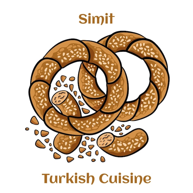 Турецкий бублик Simit с кунжутом Simitl - традиционная турецкая выпечка Мультфильм иллюстрация