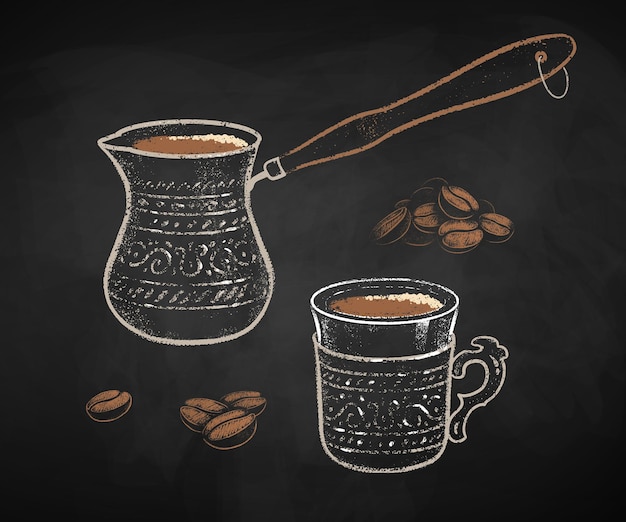 Turkish Coffee cup and Cezve on black chalkboard