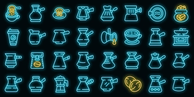 Turkish coffee pot icons set outline vector arabic coffee vector neon