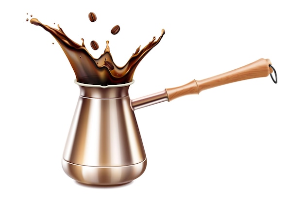 Turkish coffee pot with a coffee splash. equipment for cooking aromatic beverage. copper cezve with a wooden handle. isolated on white background. realistic 3d vector illustration.