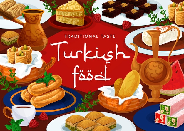 Vettore cucina turca dessert cibo menu pasticceria dolci
