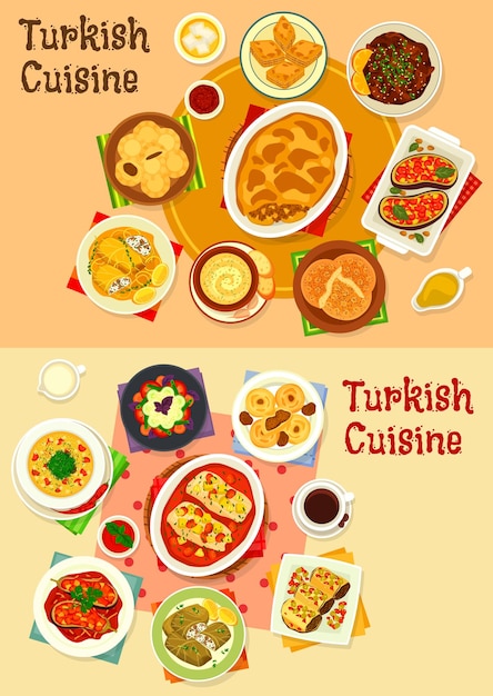 Vector turkish cuisine dinner with delight icon set