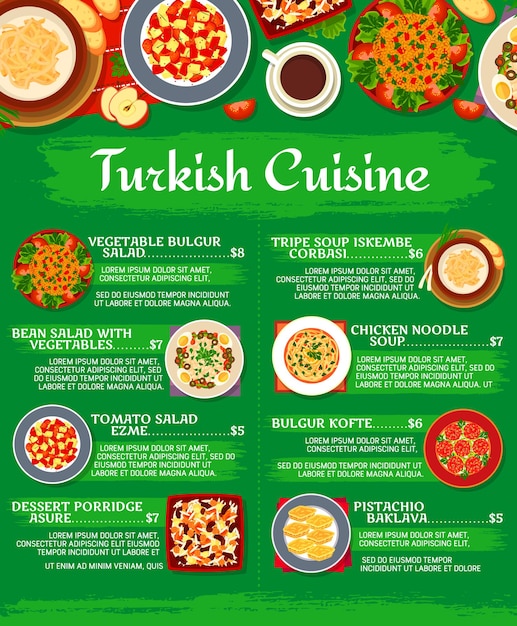 Вектор Меню турецкой кухни, ресторанные обеденные блюда