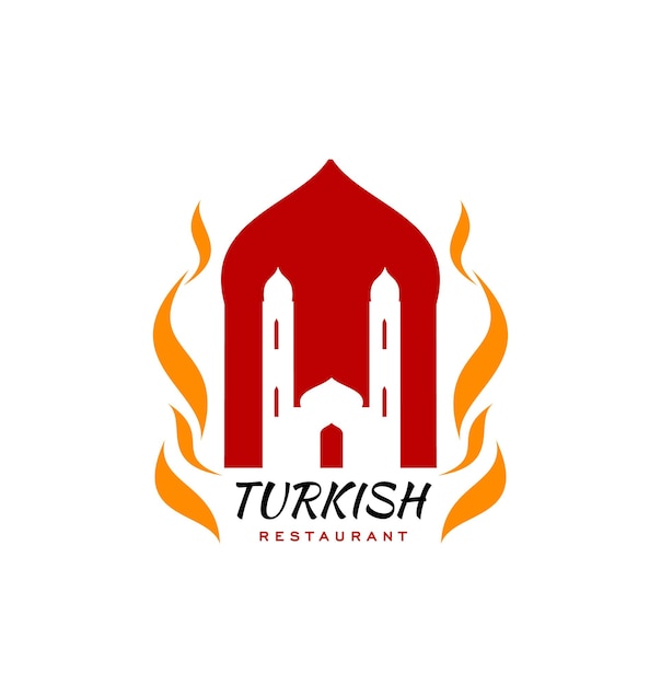 Vector turkish cuisine restaurant icon hot flames for kebab or doner, vector sign. turkish cuisine cafe or dining house emblem with traditional turkey mosque and food dishes cooking flames of grill