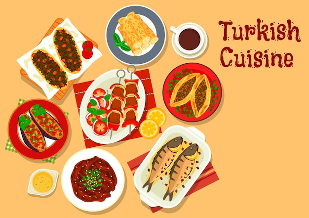 turkish cuisine shish kebab skewer  with stuffed eggplant