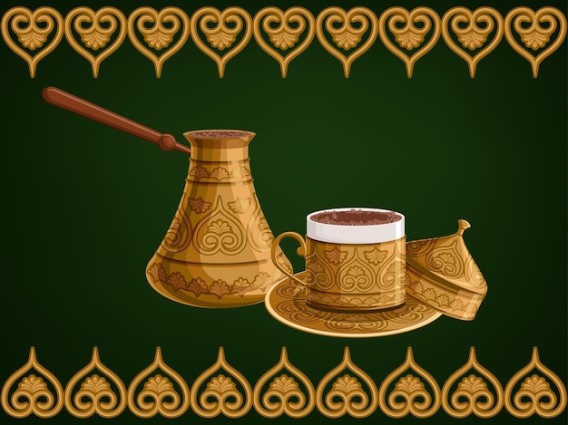 Vector turkish decorated copper cezve and cup of coffee.