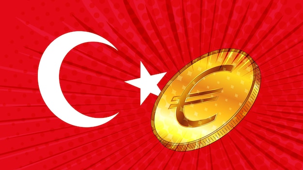 Turkish flag and golden coin with sign currency Euro EUR CBDC concept