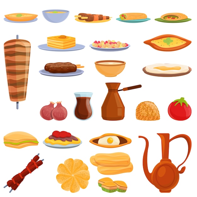 Turkish food icons set. cartoon set of turkish food  icons for web