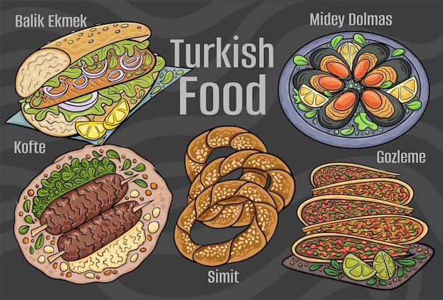 Vector turkish food a set of classic dishes cartoon hand drawn illustration