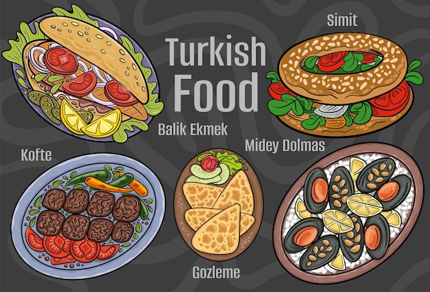 Turkish food A set of classic dishes Cartoon hand drawn illustration