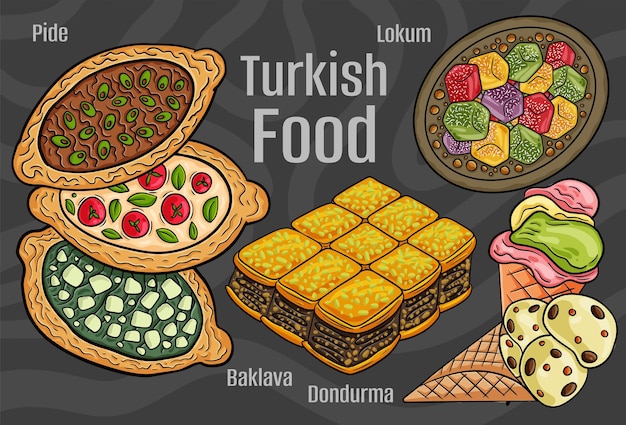 Cibo turco una serie di piatti classici cartoon illustrazione disegnata a mano