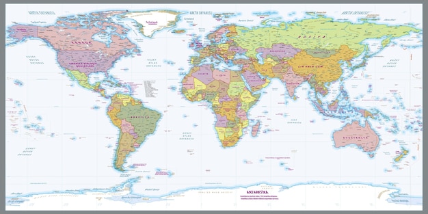 Vector turkish language political world map equirectangular projection