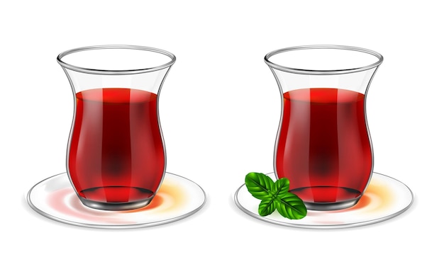 Vector turkish tea cup with black tea and mint