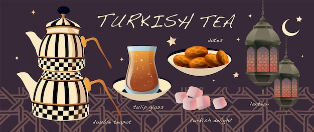 Turkish tea party poster with double teapot tea glass turkish delight dates lanterns on arabic